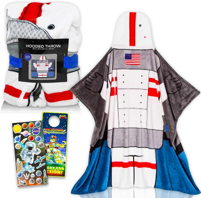 SpaceCadet بطانية هود فضائية من ناسا للأطفال، toddlers - حزمة تشمل بطانية رائد فضاء، ملصقات سفن فضائية، والمزيد (بطانية فضائية للأطفال) - Image 1